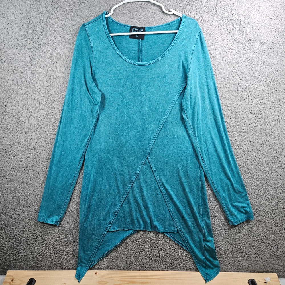 How Cute Womens Long Sleeve Sharkbite Hem Tunic Top Teal Blue Crossover Size L